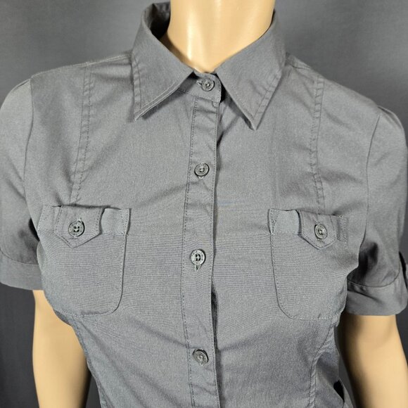 Y2K Belted Button Up Shirt Blouse Size M Grey Fitted Short Sleeve Utility Grunge - Picture 3 of 9